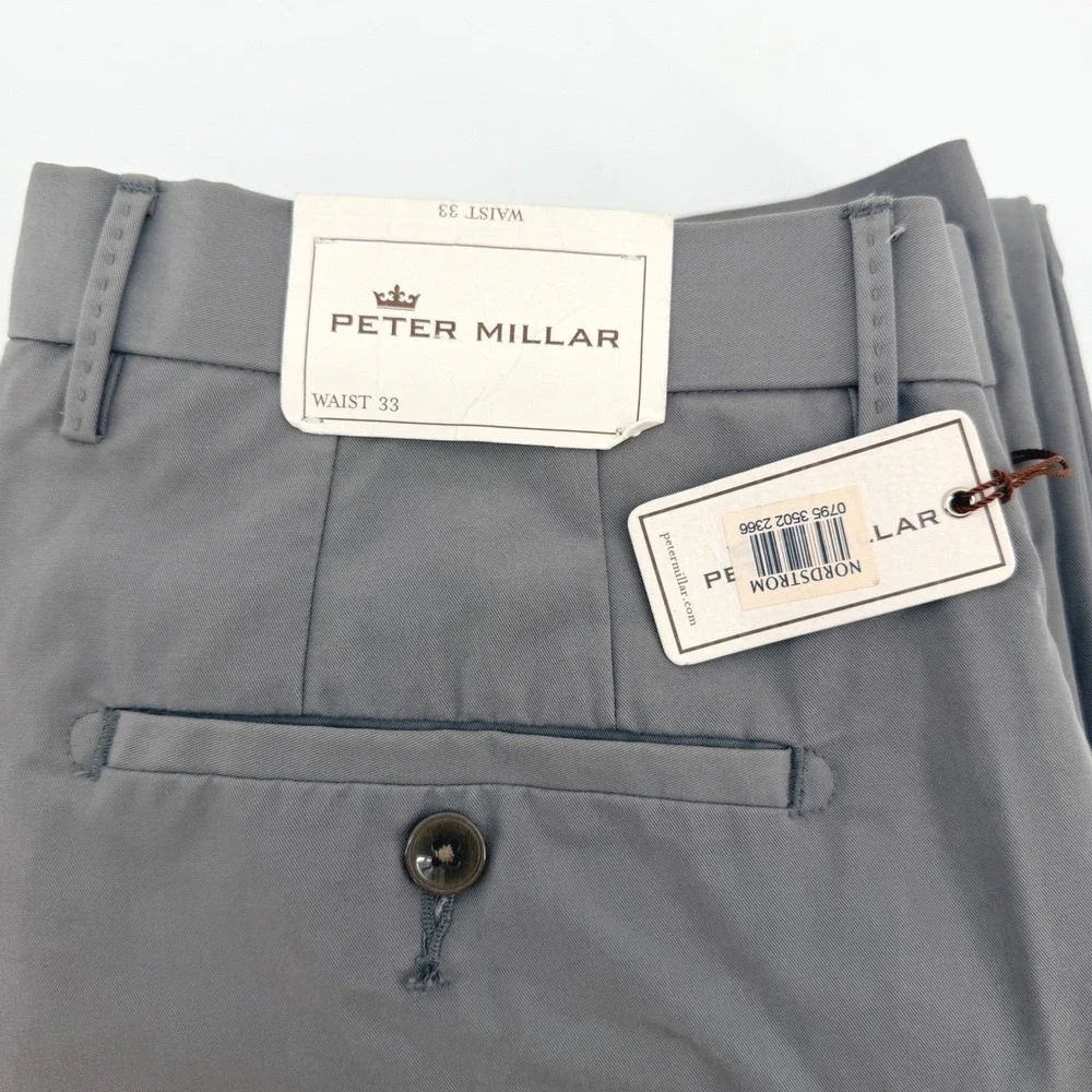 Peter Millar Pants Mens 33x35.5 Gray Poly Cotton SLIM‎ Flat Front MF16B17 NEW